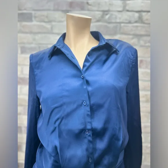 Sexy Blue Satin Mini‎ Shirt Dress LIONESS Mirror Image Longsleeve XS