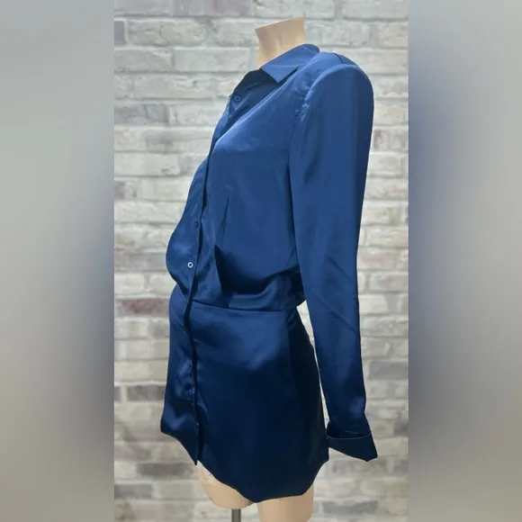 Sexy Blue Satin Mini‎ Shirt Dress LIONESS Mirror Image Longsleeve XS