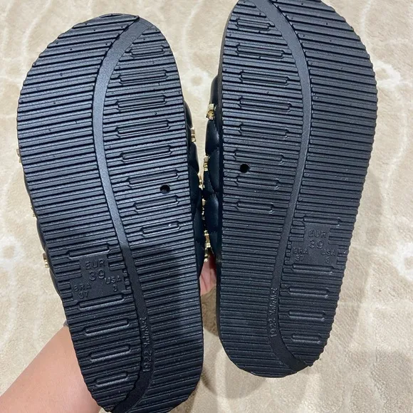She is Cheval Black and Gold Royale Quilted Slide Sandals BNWOT