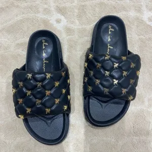 She is Cheval Black and Gold Royale Quilted Slide Sandals BNWOT