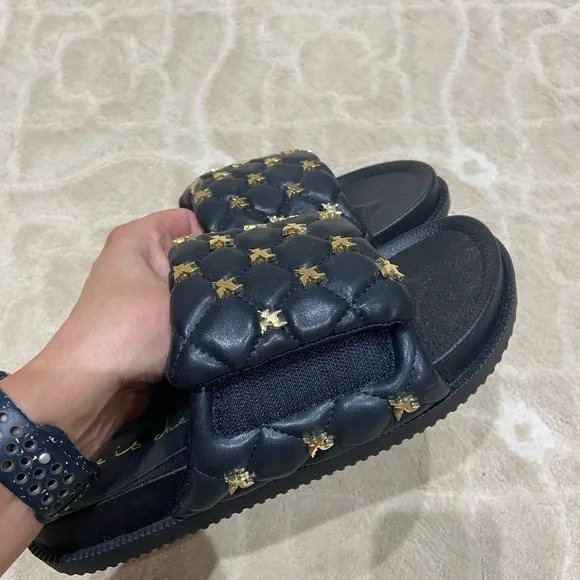 She is Cheval Black and Gold Royale Quilted Slide Sandals BNWOT