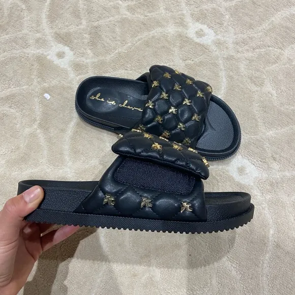 She is Cheval Black and Gold Royale Quilted Slide Sandals BNWOT