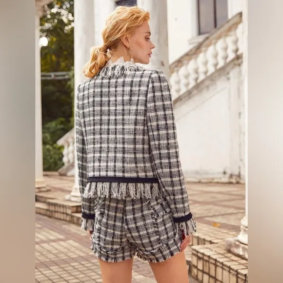 SHEIN Fringe Trim Tape Front Tweed Coat &amp; Short Set - Effortlessly Chic! ✨