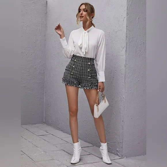 SHEIN Fringe Trim Tape Front Tweed Coat &amp; Short Set - Effortlessly Chic! ✨