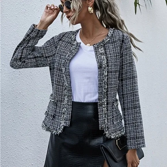 SHEIN Fringe Trim Tape Front Tweed Coat &amp; Short Set - Effortlessly Chic! ✨