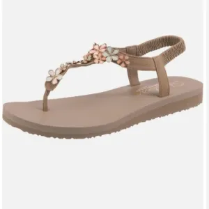 Skechers Meditation Foam Yoga Daisy NWTs Taupe Thong Sandals Flip Flops size 10