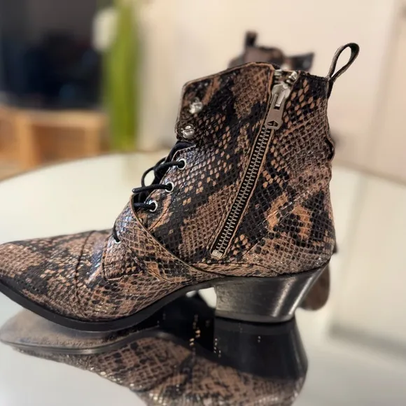 Snakeskin Lace-Up Ankle Boots