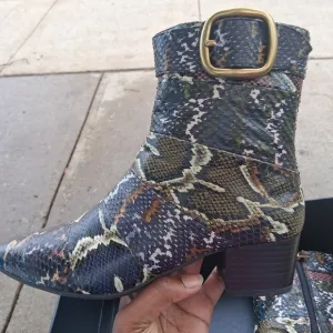 Snakeskin Pattern Ankle Boots with Gold Buckle
