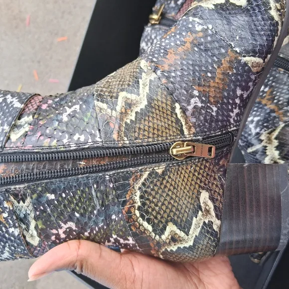 Snakeskin Pattern Ankle Boots with Gold Buckle