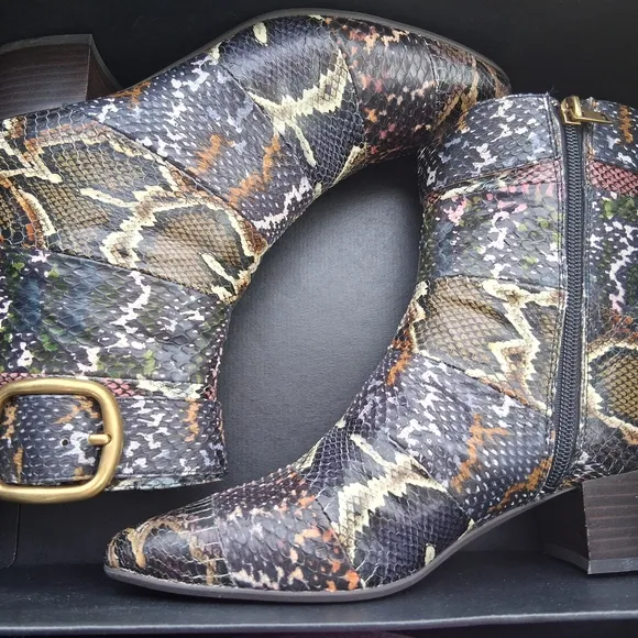 Snakeskin Pattern Ankle Boots with Gold Buckle