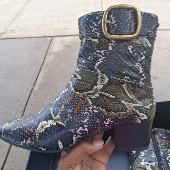 Snakeskin Pattern Ankle Boots with Gold Buckle