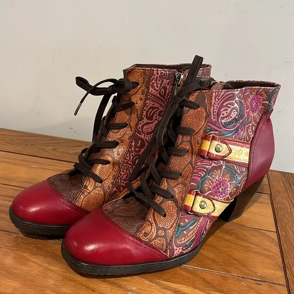 Socofy Bohemian Flower Ankle Leather Boots Size 40 (US 9-9.5)