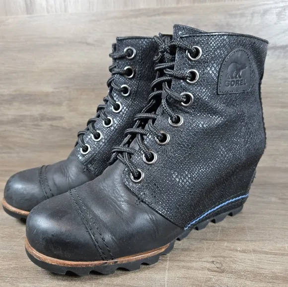 Sorel 1964 PDX Premium Wedge Hidden Heel Boots Black Ankle Leather Sz 8