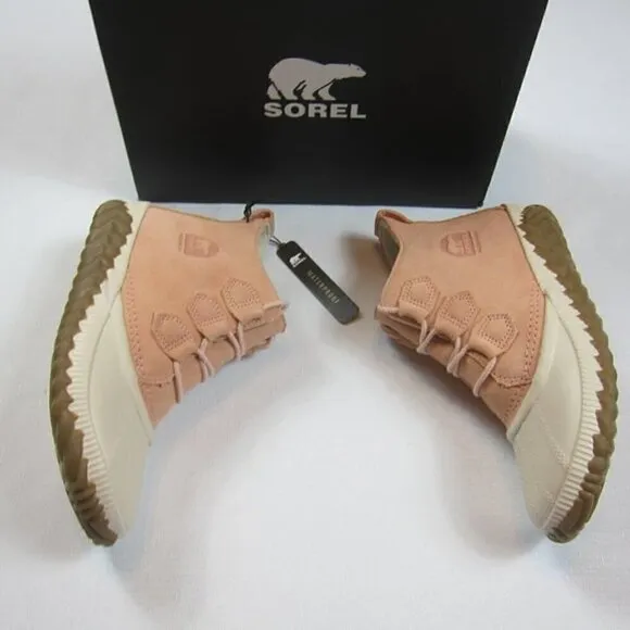 Sorel 7 Out N About Rain Boots Pink &amp; Cream Waterproof Toe Lace Up NEW WITH BOX