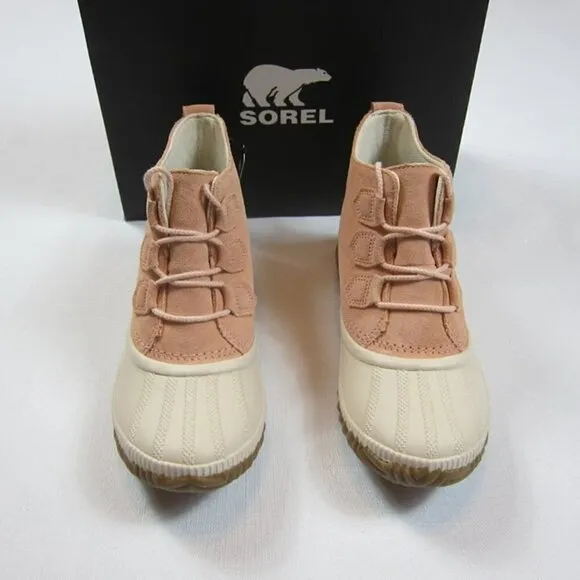 Sorel 7 Out N About Rain Boots Pink &amp; Cream Waterproof Toe Lace Up NEW WITH BOX