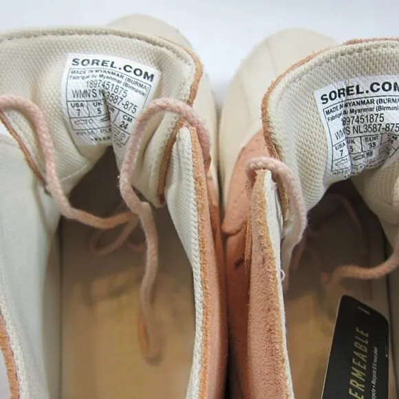 Sorel 7 Out N About Rain Boots Pink &amp; Cream Waterproof Toe Lace Up NEW WITH BOX
