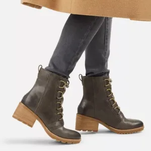 Sorel Cate Lace Up Boots Block Heel Dark Brown Full Grain Leather Waterproof
