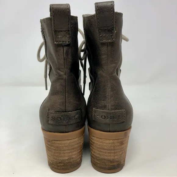 Sorel Cate Lace Up Boots Block Heel Dark Brown Full Grain Leather Waterproof