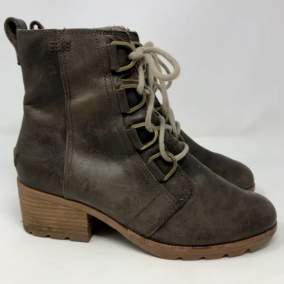 Sorel Cate Lace Up Boots Block Heel Dark Brown Full Grain Leather Waterproof