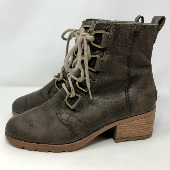 Sorel Cate Lace Up Boots Block Heel Dark Brown Full Grain Leather Waterproof