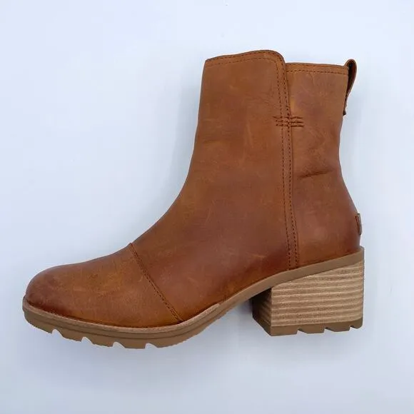 Sorel Cate Leather Ankle Bootie Iced Tea Tan Block Heel Brown Camel 9