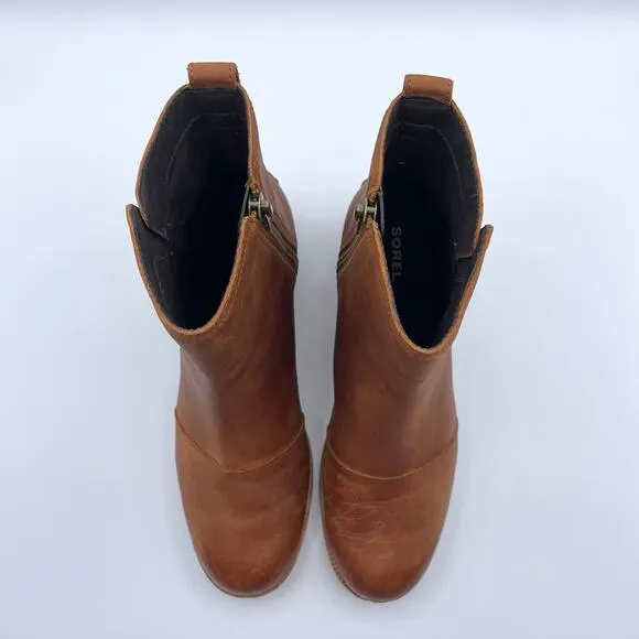 Sorel Cate Leather Ankle Bootie Iced Tea Tan Block Heel Brown Camel 9