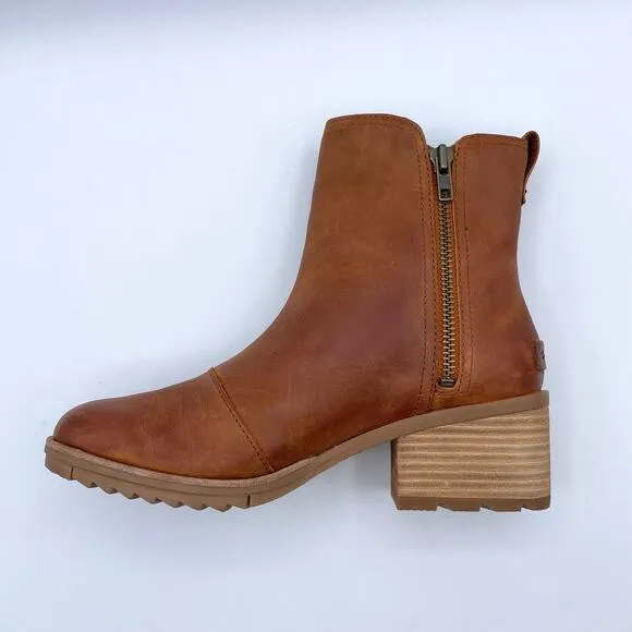 Sorel Cate Leather Ankle Bootie Iced Tea Tan Block Heel Brown Camel 9
