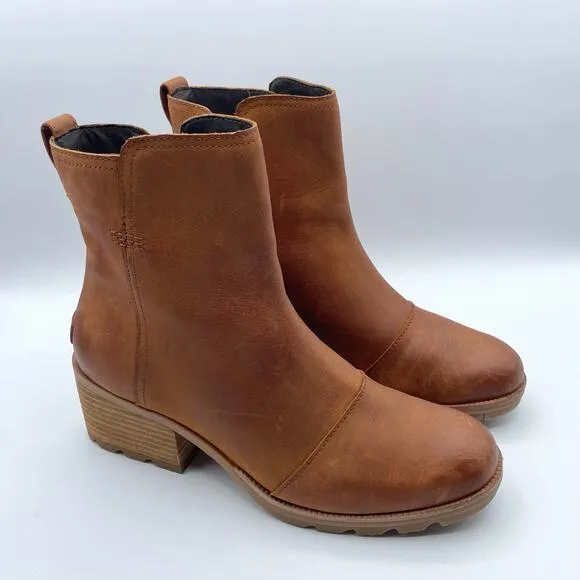 Sorel Cate Leather Ankle Bootie Iced Tea Tan Block Heel Brown Camel 9