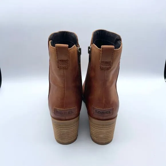 Sorel Cate Leather Ankle Bootie Iced Tea Tan Block Heel Brown Camel 9