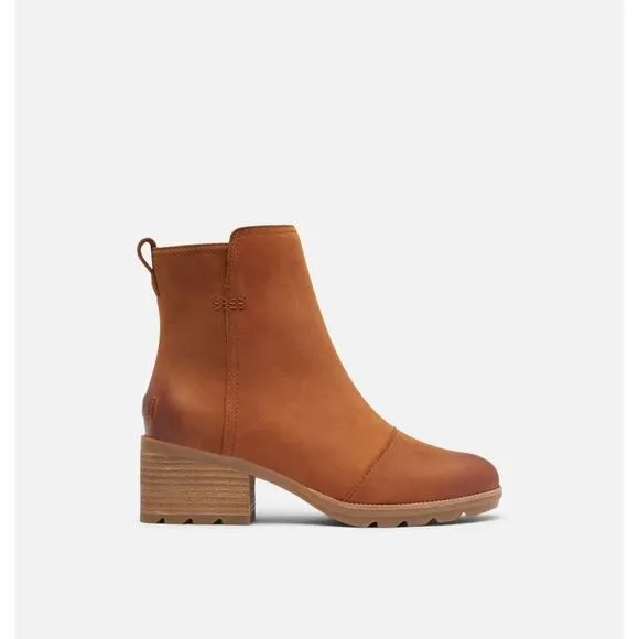 Sorel Cate Leather Ankle Bootie Iced Tea Tan Block Heel Brown Camel 9