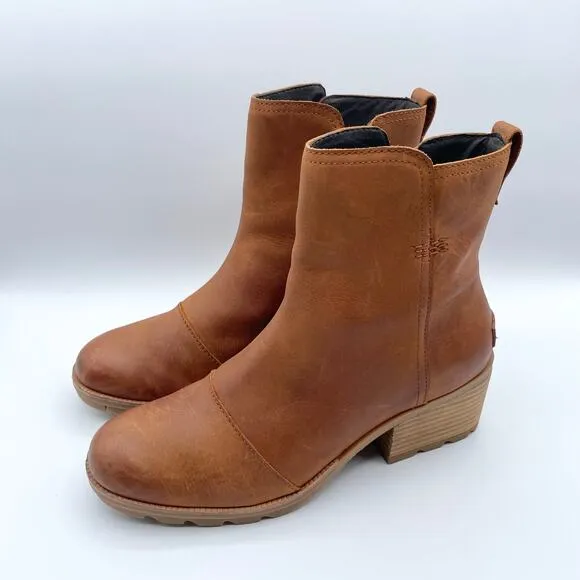Sorel Cate Leather Ankle Bootie Iced Tea Tan Block Heel Brown Camel 9
