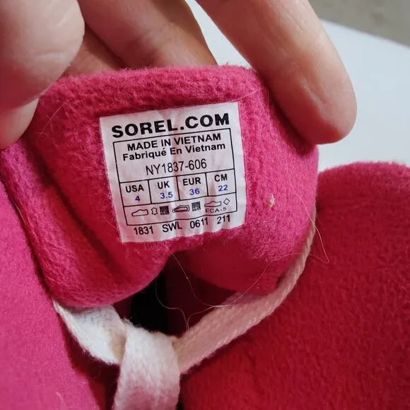Sorel Girls Sz 4 Pink Polka Dot Duck Boots Lace Up Waterproof Fleece Lined