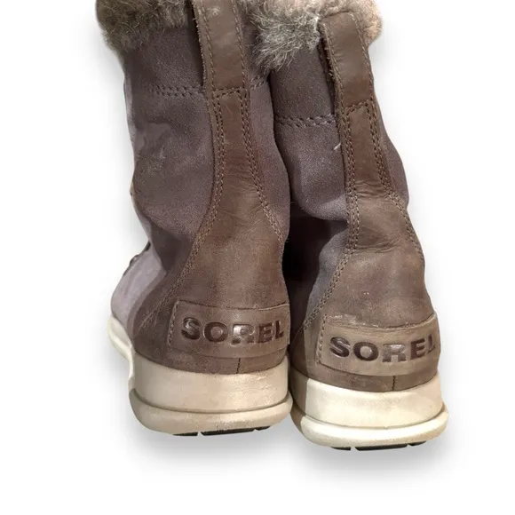 Sorel Joan Explorer Shearling Faux Fur Lace Up Gray Leather Booties Sz‎ 9