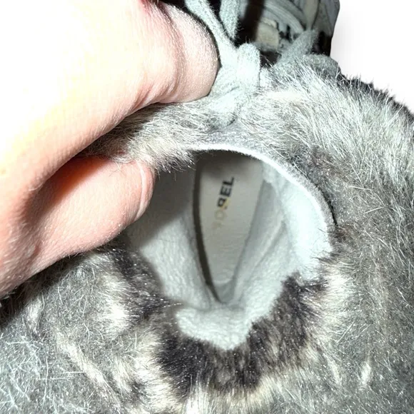 Sorel Joan Explorer Shearling Faux Fur Lace Up Gray Leather Booties Sz‎ 9