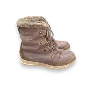 Sorel Joan Explorer Shearling Faux Fur Lace Up Gray Leather Booties Sz‎ 9