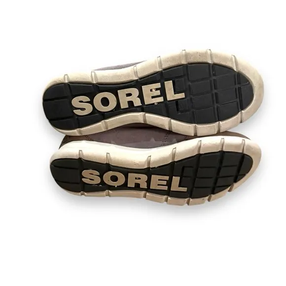 Sorel Joan Explorer Shearling Faux Fur Lace Up Gray Leather Booties Sz‎ 9
