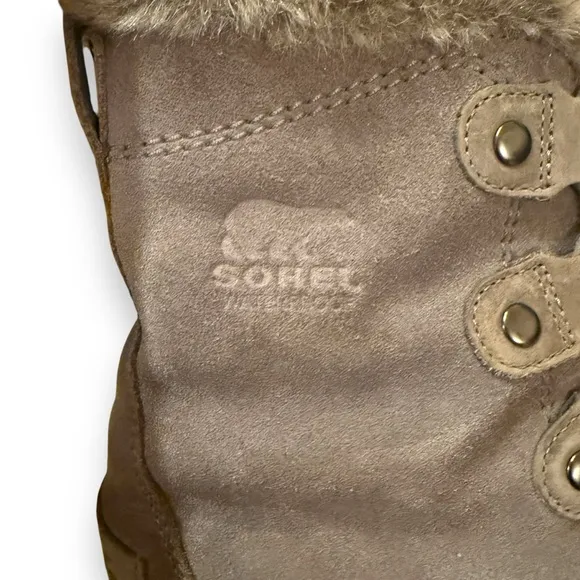 Sorel Joan Explorer Shearling Faux Fur Lace Up Gray Leather Booties Sz‎ 9