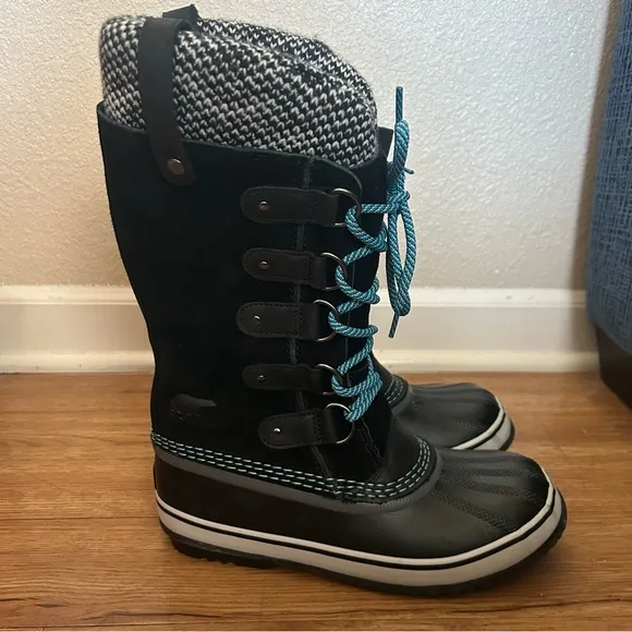 Sorel Joan of Arctic Knit Winter Boots Womens Size 7.5 Black Leather Waterproof
