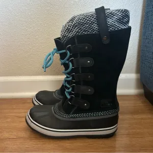 Sorel Joan of Arctic Knit Winter Boots Womens Size 7.5 Black Leather Waterproof