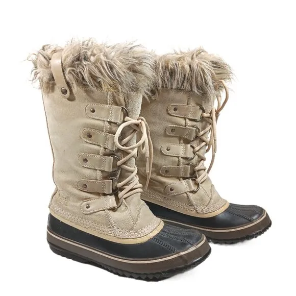 Sorel Joan of Arctic Snow Boots Womens 6 Tan Suede Faux Fur Waterproof Mid-Calf