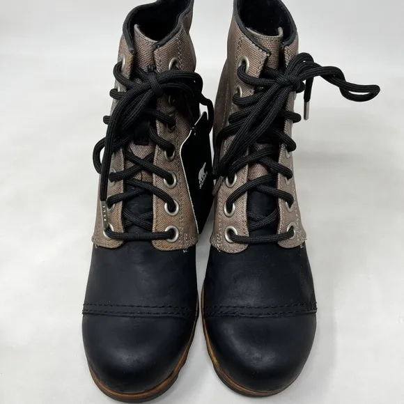Sorel PDX Wedge Ankle Boots Women Size 8.5 Shoes Waterproof Lace Black Tan