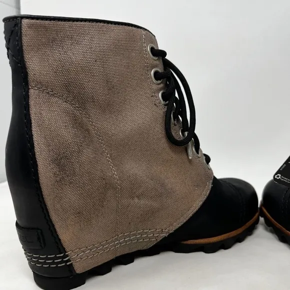 Sorel PDX Wedge Ankle Boots Women Size 8.5 Shoes Waterproof Lace Black Tan