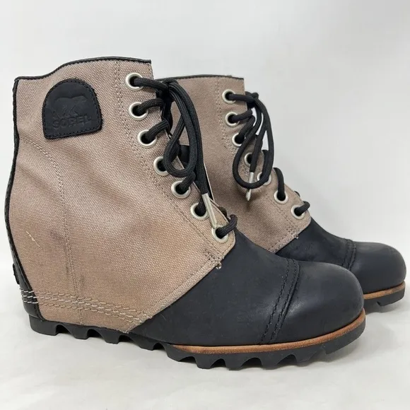 Sorel PDX Wedge Ankle Boots Women Size 8.5 Shoes Waterproof Lace Black Tan