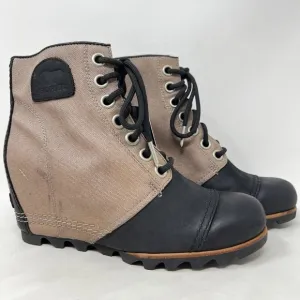 Sorel PDX Wedge Ankle Boots Women Size 8.5 Shoes Waterproof Lace Black Tan