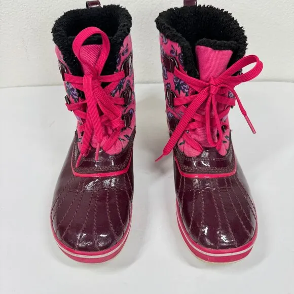 Sorel Pink Floral Duck Boots Size 6 Lace Up Waterproof Lined