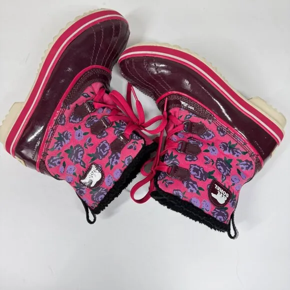 Sorel Pink Floral Duck Boots Size 6 Lace Up Waterproof Lined