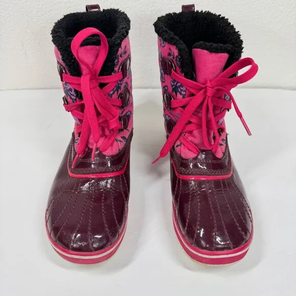 Sorel Pink Floral Duck Boots Size 6 Lace Up Waterproof Lined