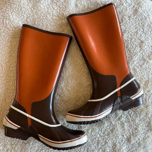SOREL SORELLINGTON Women’s Size 8 Rubber Waterproof Tall Rain Brown Orange Boots
