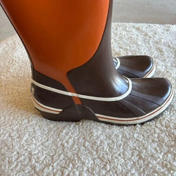 SOREL SORELLINGTON Women’s Size 8 Rubber Waterproof Tall Rain Brown Orange Boots