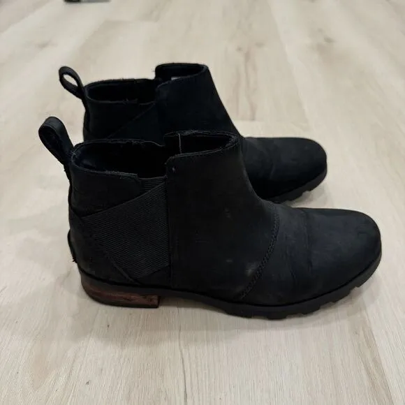 Sorel Women's Emelie Chelsea Black Leather Boots Size‎ 7.5 Ankle